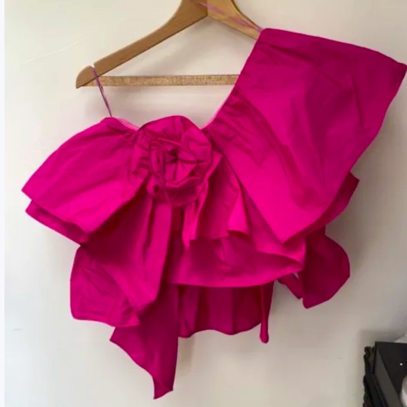 ZARA Hot Pink Asymmetrical One Shoulder Ruffle Flower Volume Top NWOT - Picture 2 of 5